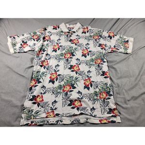 AFTCO Bluewater Marlin Floral Tropical Polo Shirt Mens Large, Thick‎ Cotton